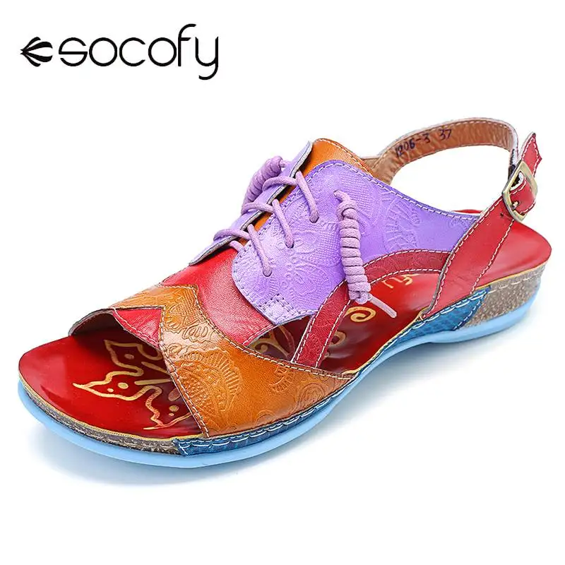 SOCOFY/мягкие цветные босоножки из натуральной кожи с вышивкой; удобные босоножки на ремешке с пряжкой на шнуровке; Летняя обувь в стиле ретро; Новинка года