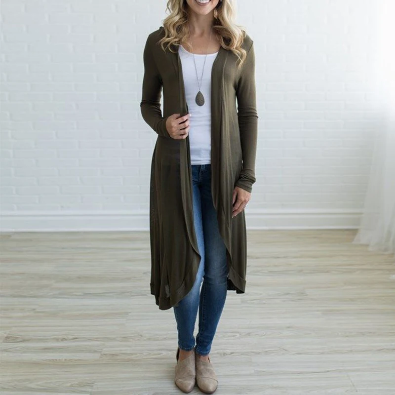 Женский кардиган с длинным рукавом однотонный длинный Повседневный Кардиган