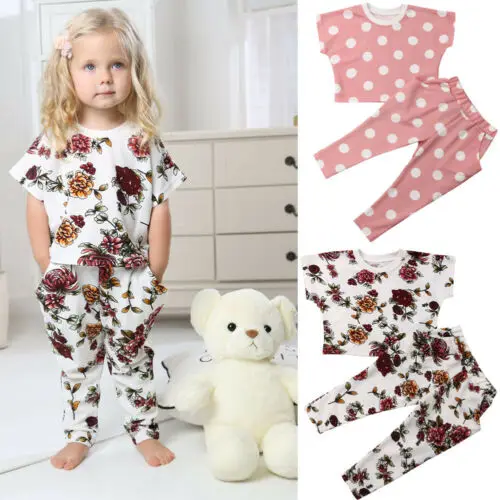 Toddler Baby Boys Girl Floral/Dot Short Sleeve Tops+Pants Outfit Set Clothes | Детская одежда и обувь