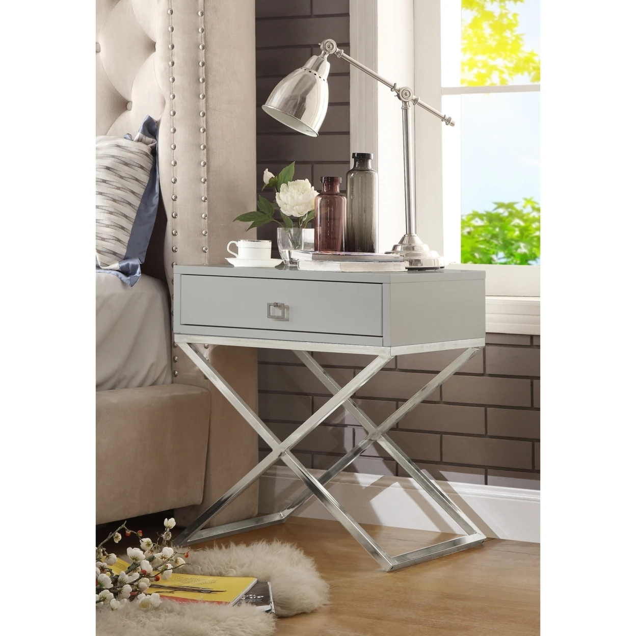 Jesse Lacquer Finish Nightstand | Steel Base Side Table Modern Inspired Home Мебель