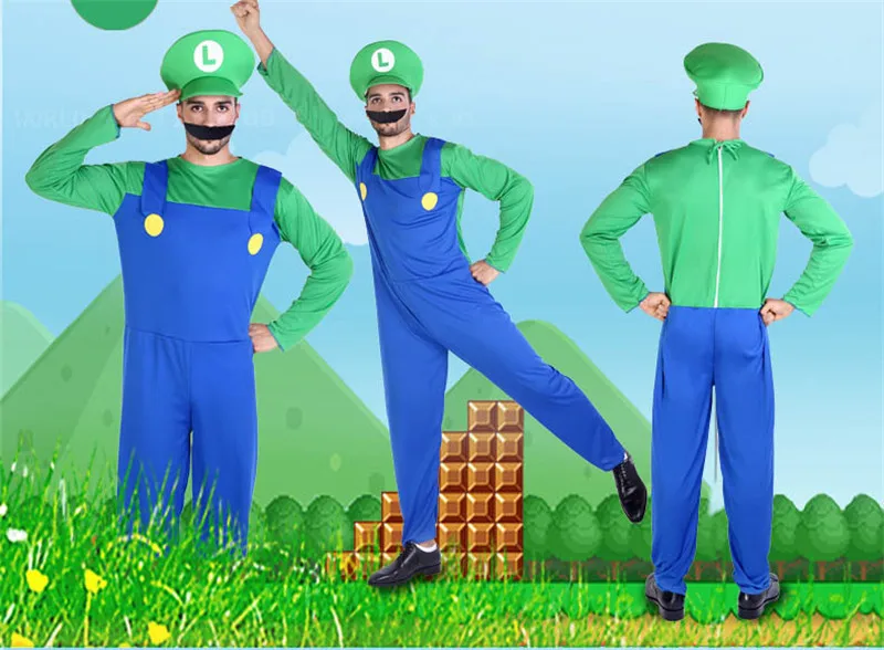 Костюм Супер Марио для взрослых bros luigi, одежда для братьев, девочек, детей, мужчин, женщин, взрослых, косплей для мальчиков, платье, шляпа, костюм на Хэллоуин