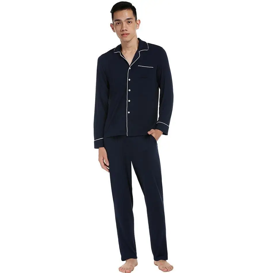 Мужские с длинным рукавом Твердые Turn Down Воротник Loose Pajama Set Nightwear полная длина