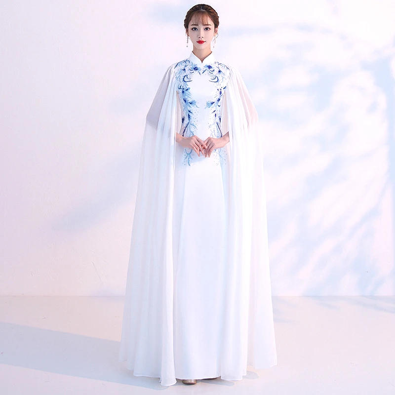 Deux Piece Chinois Dresses Evening Long Porcelain Chinese Dress Cheongsam Pattern Woman Fashion Grace White Blue Beautiful Gowns
