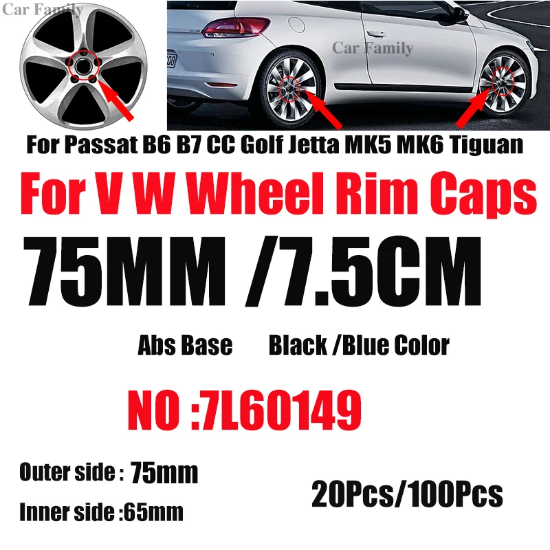 Оптовая продажа 20X 100X для Passat B6 B7 CC Гольф MK5 MK6 Tiguan 75 мм 76 Центральная втулка колеса автомобиля крышки диски