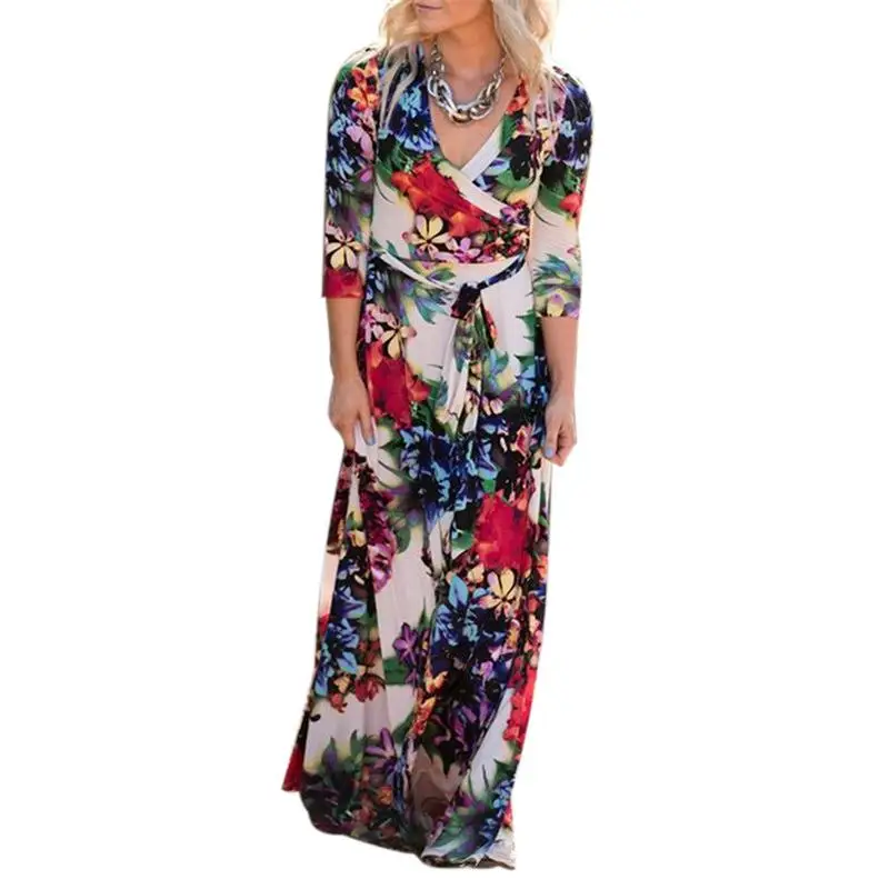 2019 Summer Women Long Floral Print Beach Dress Sexy V-neck Slim Fit Short Sleeve Evening Party Belt | Женская одежда