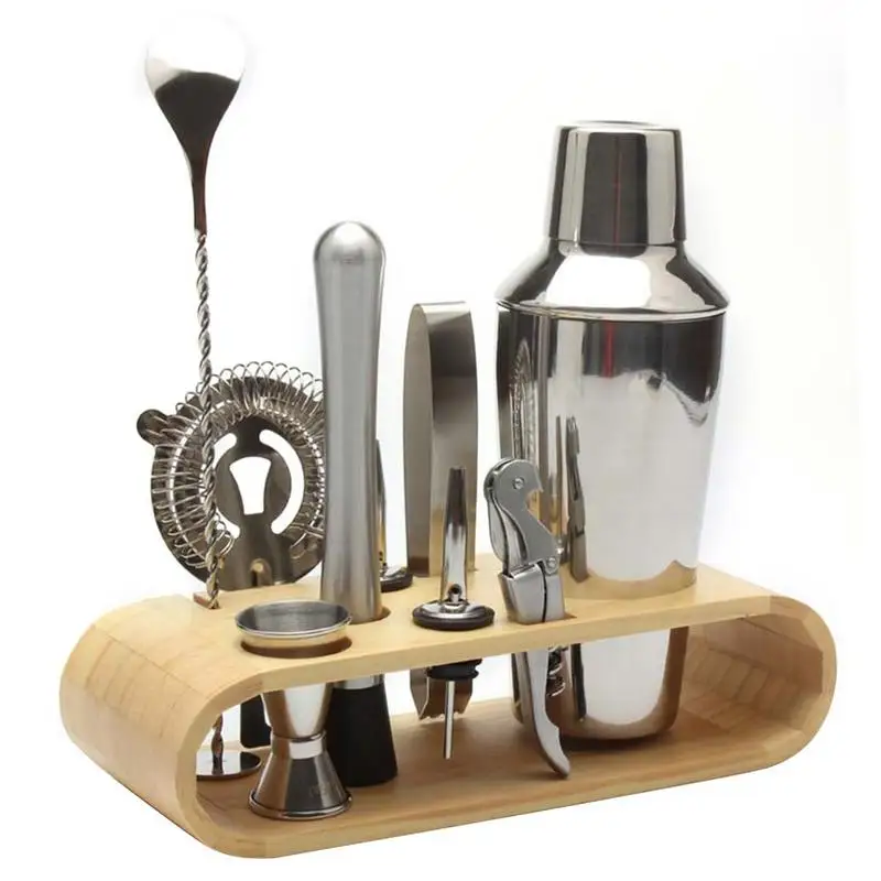 

2019 New Stainless Steel Drink Shaker Cocktail Bartender Tool Set Oval Wooden Stand Base 350ML 550ML 750ML