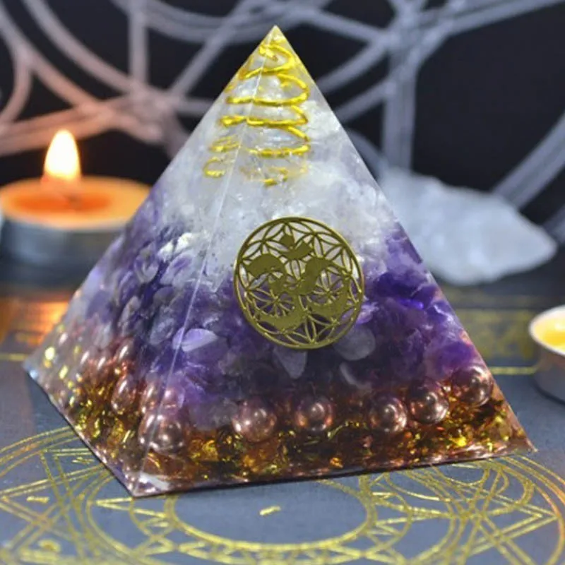 Natural Amethyst Orgonite Pyramid Energy Converter Orgone Aura Chakra Resin Decorative Craft Decoration Bring Good Luck Gift