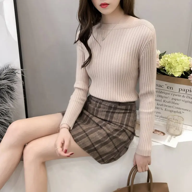 Spring new women's sweater fashion regular pullover tight-fitting slim knit female models one-shoulder bottom coat women | Женская