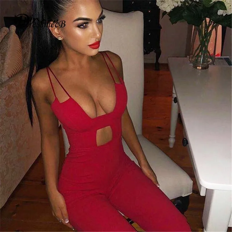 Женский комбинезон на тонких бретельках DRESSMECB черный красный для вечеринок и