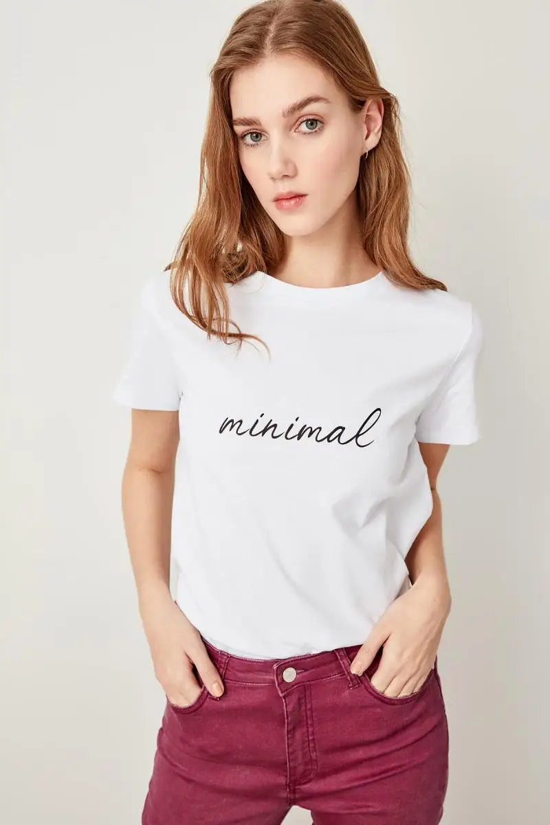 Trendyol белые Базовые Трикотажные футболки с принтом TWOSS19GH0014|Футболки| |