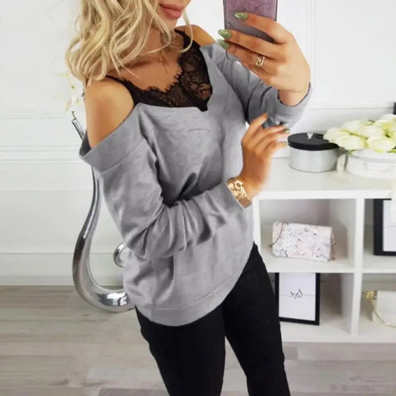 Fashion Women Shirt blusas Lace Neck Cold Shoulder Long Sleeve Tops Blouse Camisas Mujer SJ1395A |