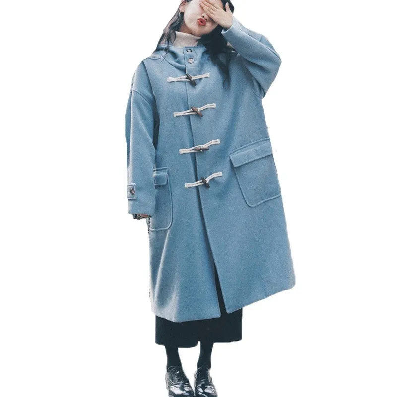 

Vintage Woolen Coat Women Female Coats Long Outerwear Autumn Winter Students Loose 1 Thicker Horns Buckle Overcoat A594