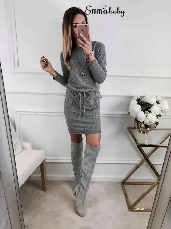 Women Sexy Autumn Winter Long Sleeve Bandage Dress Jumper Tops Slim Party Bodycon Mini New Fashion | Женская одежда