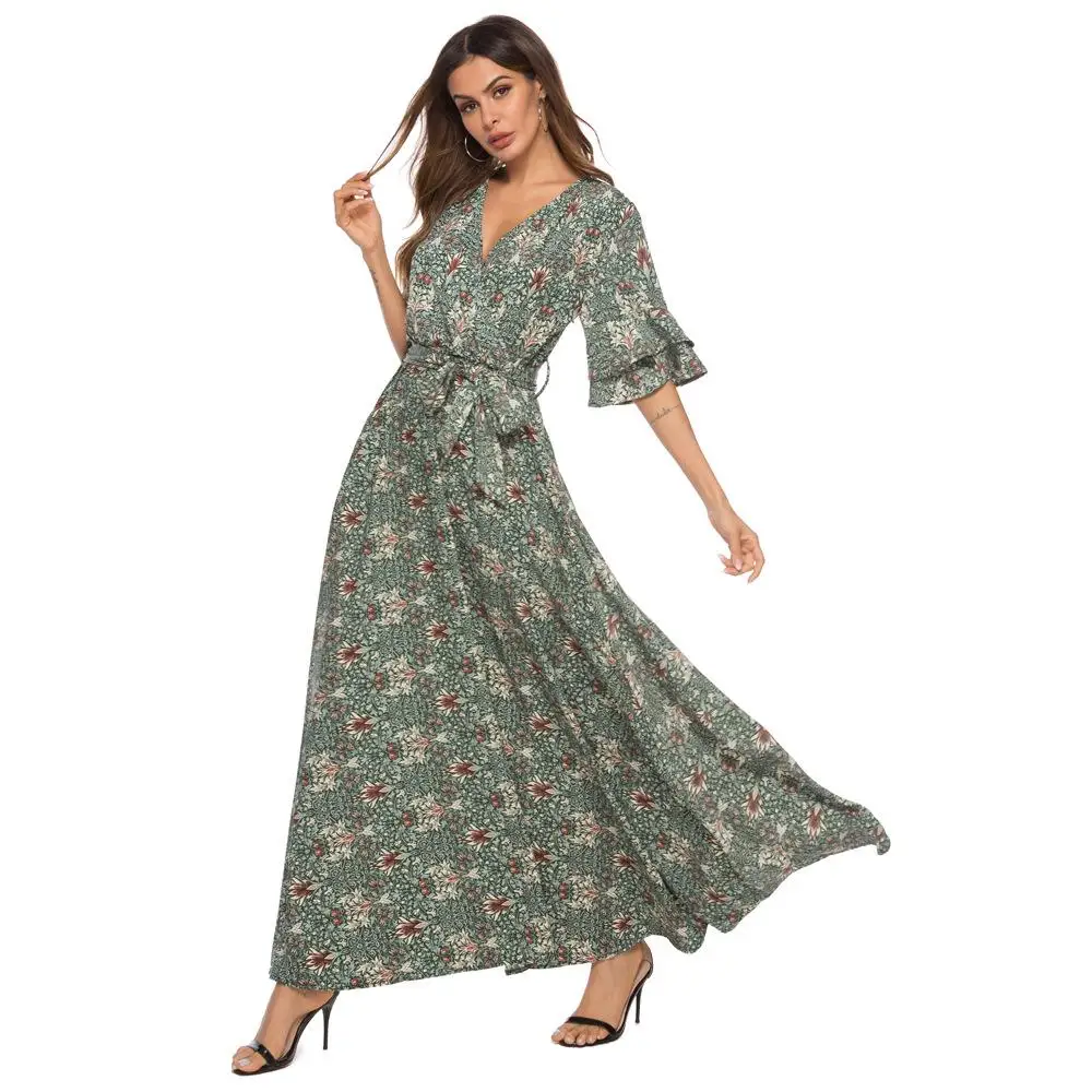 Модные женские Бохо с цветочным принтом v образным вырезом Длинное Макси платье
