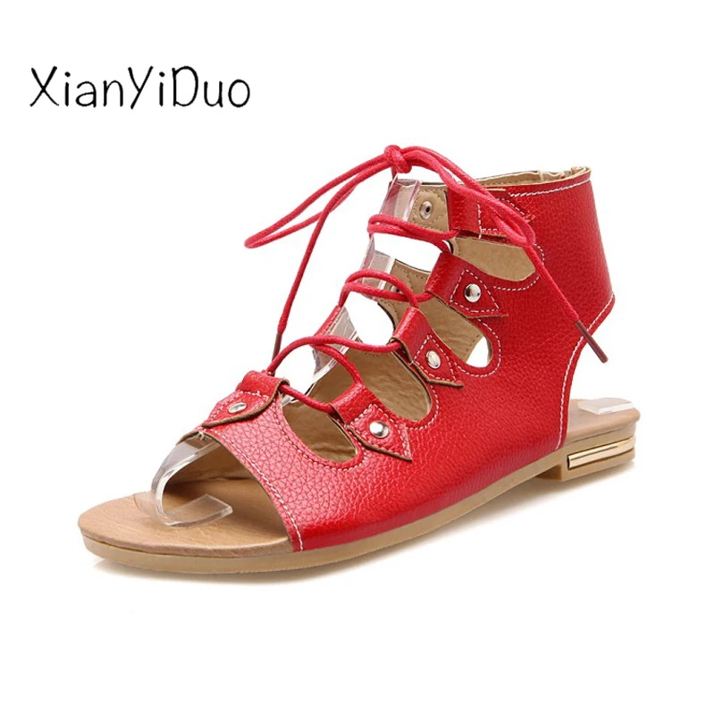 Xianyiduo/Женская обувь на плоской подошве сезон лето босоножки цвет бежевый красный