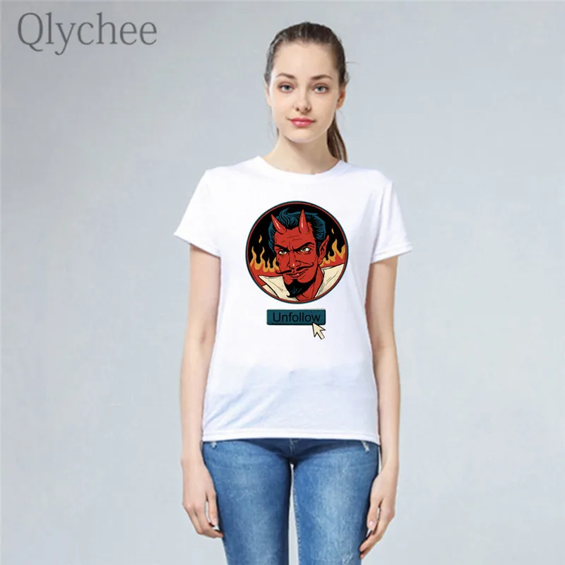 Женская белая футболка Qlychee Harajuku с изображением пламени дьявола вырезом лодочкой