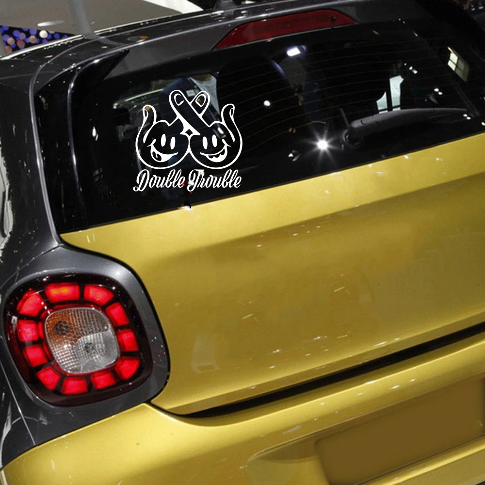 

18*16.7cm Double Trouble Vinyl Decal Sticker Decor Car Middle Finger Smile Rear Window Car Sticker