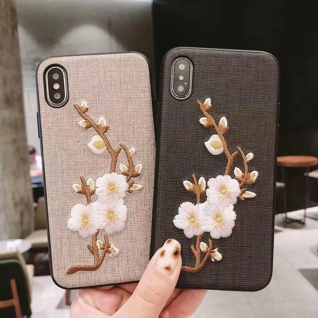 Роскошная вышивка 3D цветок чехол для iphone 7 8 Plus китайские сливы чехлы телефонов с