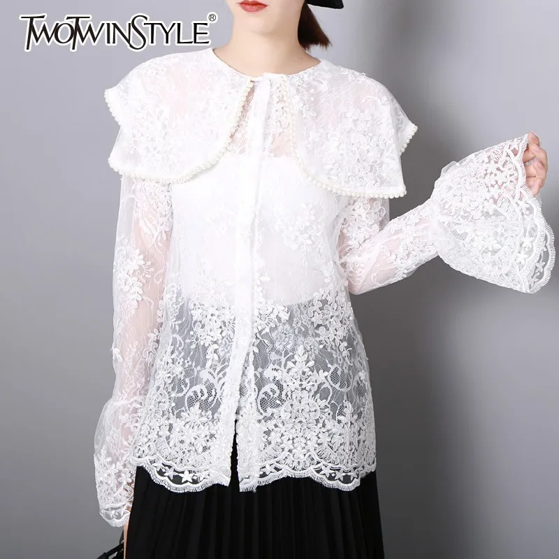 TWOTWINSTYLE Lace Shirts Tops Female Flare Long Sleeve Perspective Beading Blouse For Women Elegant Fashion Korean 2019 Autumn |