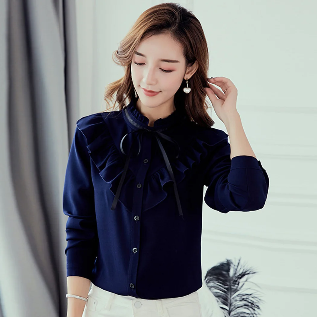 2019 Женская Офисная рубашка элегантные шифоновые блузки с оборками и бантом