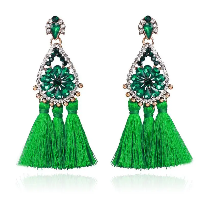 Women's European And American Fashionable All-Match Earrings Bohemian National Style Rhinestone Inlaid Tassel Pendant | Украшения и