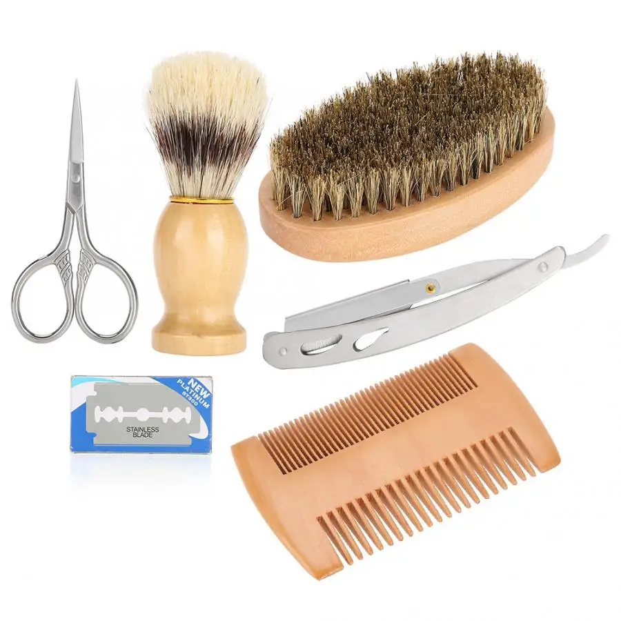 6 шт. набор для ухода за бородой щетка бороды + бритья расческа ножницы бритва