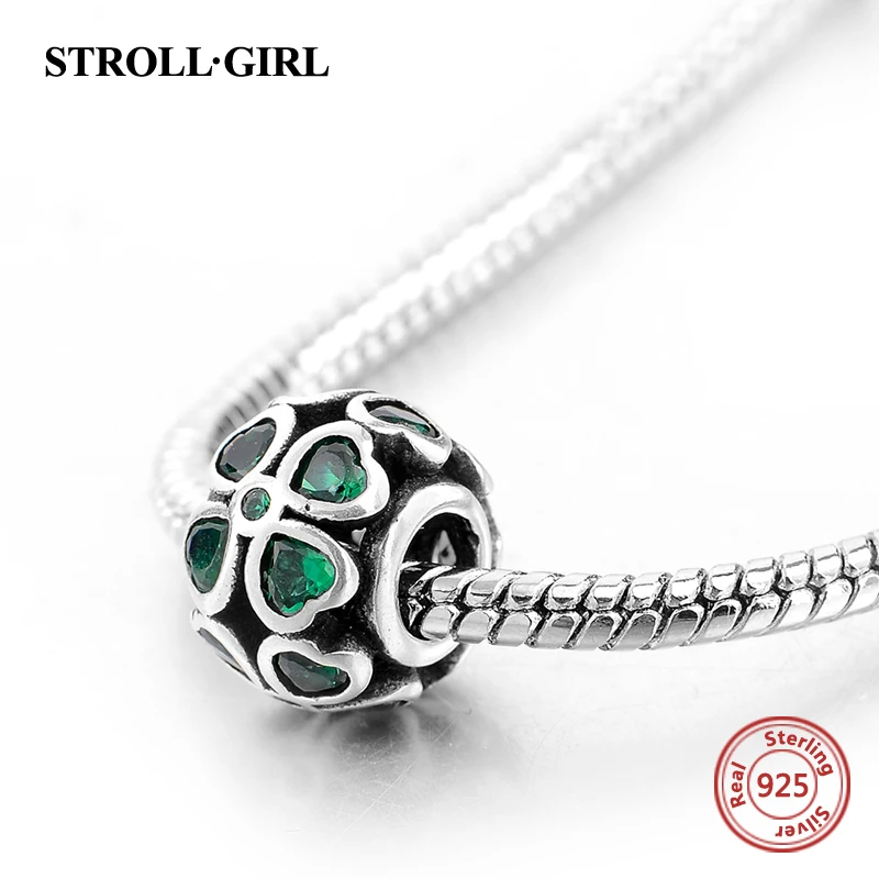 925 Sterling Silver Green Heart CZ Four Leaf lover Lucky charm Beads Fit Authentic DIY charms original Antique Jewelry Gifts