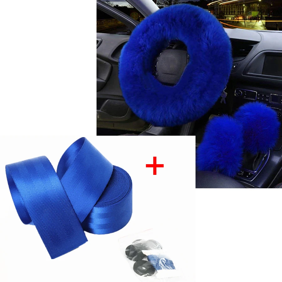 

1 X Blue 4.8x380cm Front 3 Point Safety Retractable Van Car Seat Lap Belt +3pcs set Fur Car Steering Wheel Cover Wool