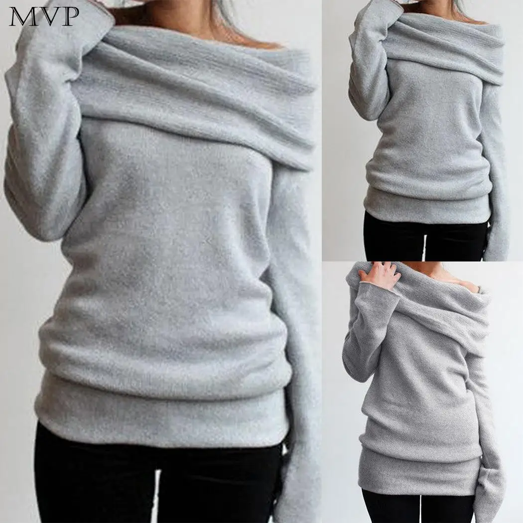 Women Casual Slash Neck Long Sleeve Off Pullover Autumn Winter Shoulder Solid Sweater | Женская одежда