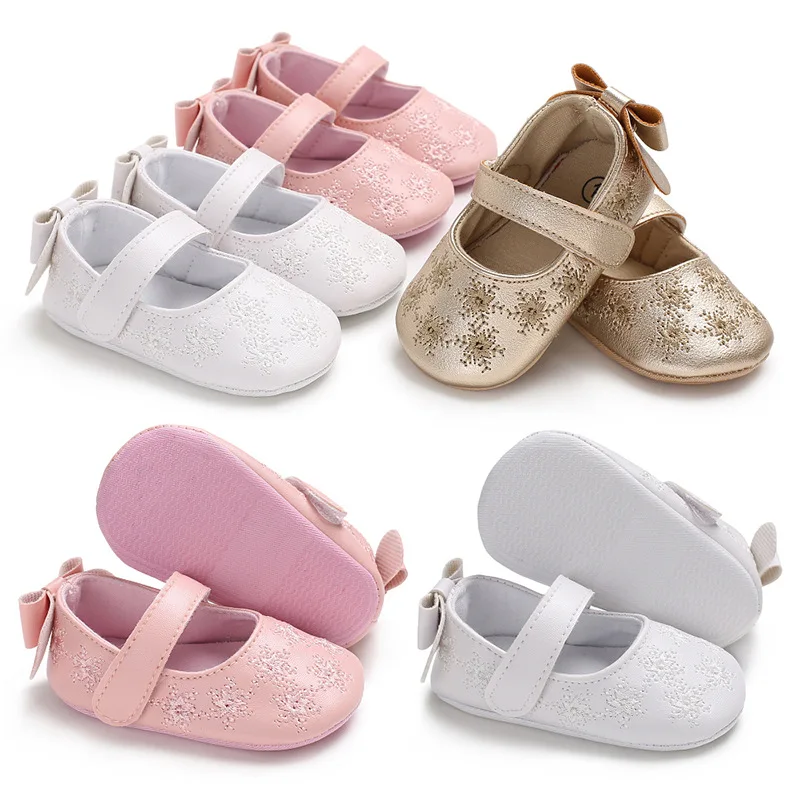 

Baby Girls Princess Single Shoes Golden Soft Soled Indoor First Walkers Bow Flower Printing PU Infant Toddler Crib Shoes
