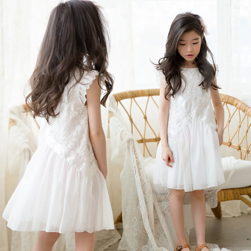 

2021 New Summer Sleeveless White Lace Dress Ruffle Princess Costume Age for 4 - 14 Yrs Teenage Girls School Style Party Frocks