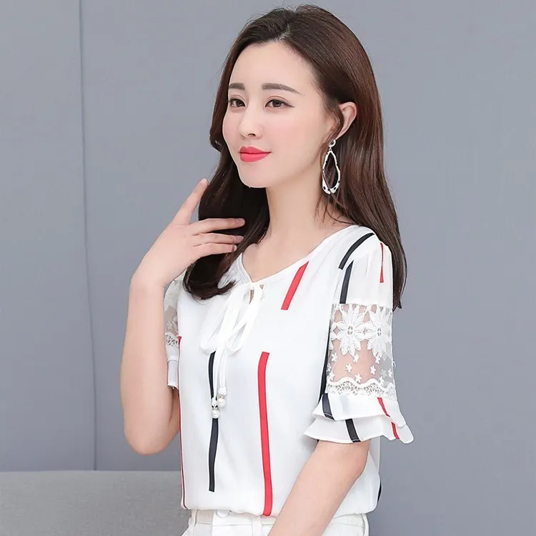New Arrival Women Summer O-Neck Stripe Slim Blouse Butterfly Sleeve Ladies Lace-Up Patchwork Lace Plus Size Chiffon Shirts |