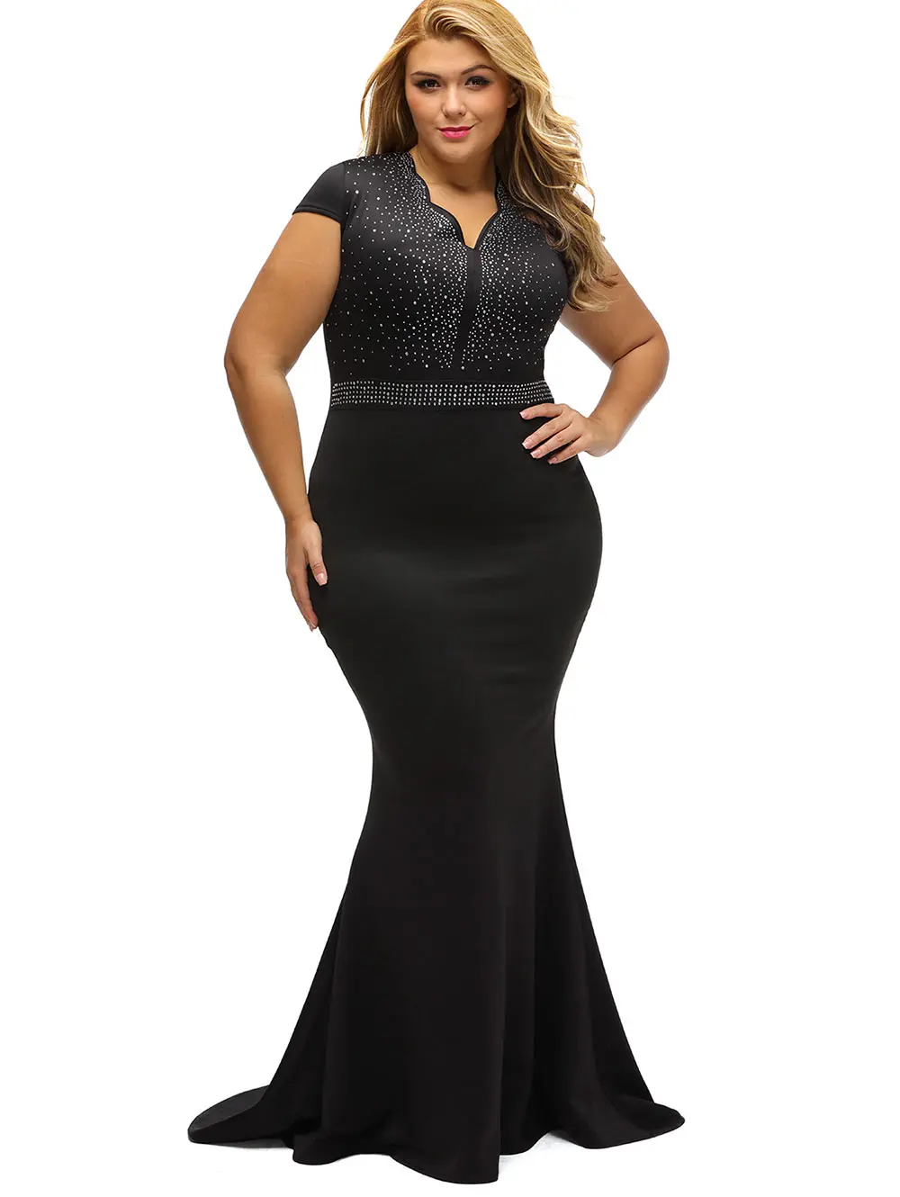 Wipalo Women Rhinestone Embellished Cap Sleeve Plus Size Maxi Dress Formal Party Elegant Trumpet Mermaid Vestidos | Женская одежда