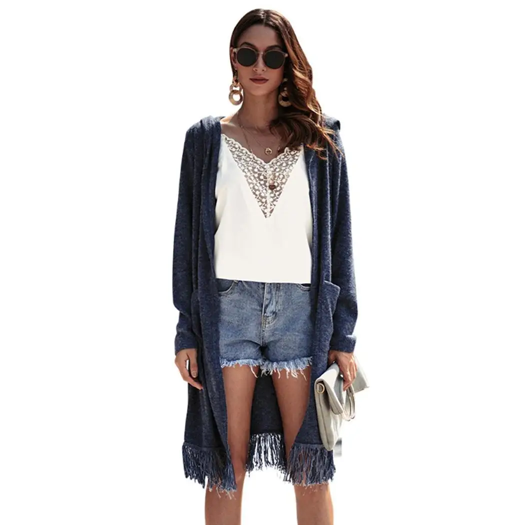 Women Fashion Casual Solid Tassels Hooded Tassel Pocket Cardigan Coat Winter Outwear Spring/Autumn/Winter |