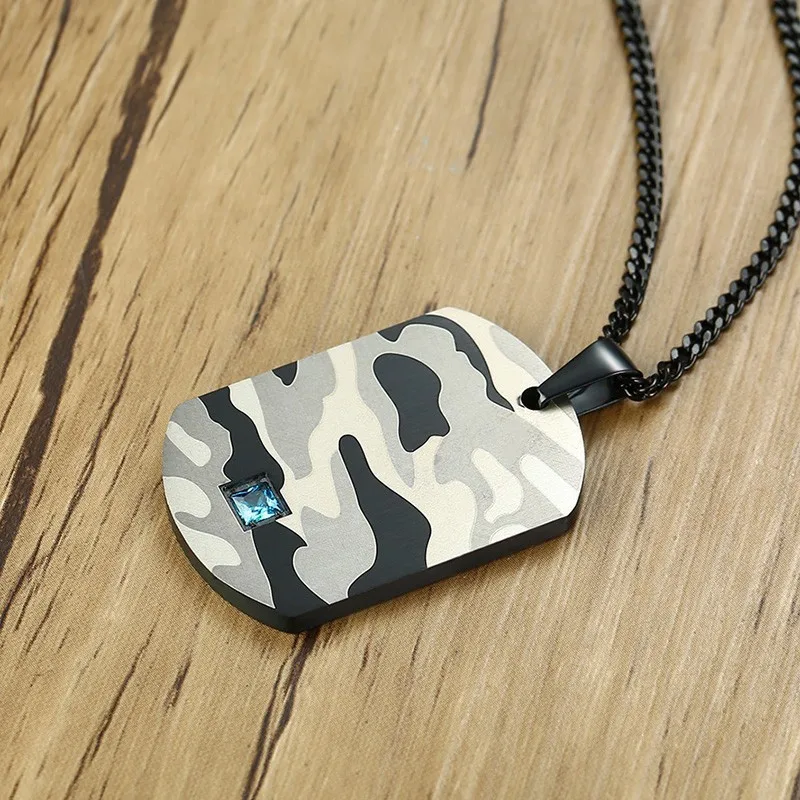 Dogtag Подвеска из нержавеющей стали Камуфляж синий кубический циркон CZ камень