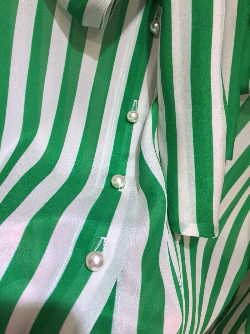 2019 new 100% silk striped lantern sleeve bow collar shirt 1 colour 3 sizes women Spring clothes | Женская одежда