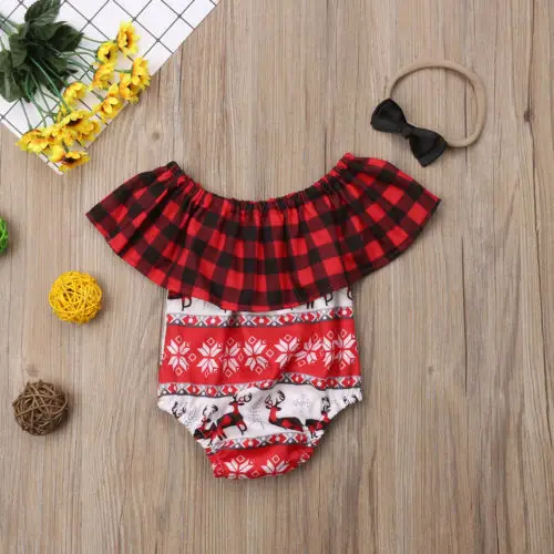 Боди Рождество с открытыми плечами для маленьких девочек хлопковый комбинезон