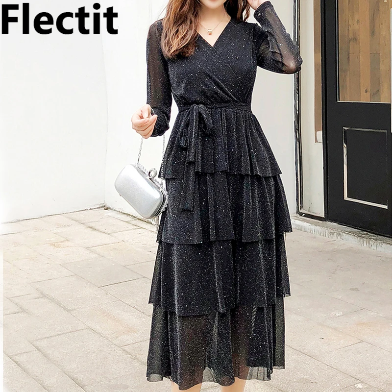 

Flectit Tiered Midi Dress Metallic Thread V Neck Long Sleeve Wrap Dress with Self Tie Women Sexy Club Party Dress Outfit*