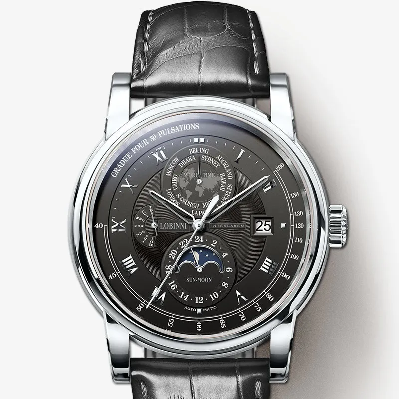 

LOBINNI Men Watch Luxury Brand Moon Phase Auto Mechanical Men's Wirstwatches Sapphire Leather World Time relogio Clock L16003-2