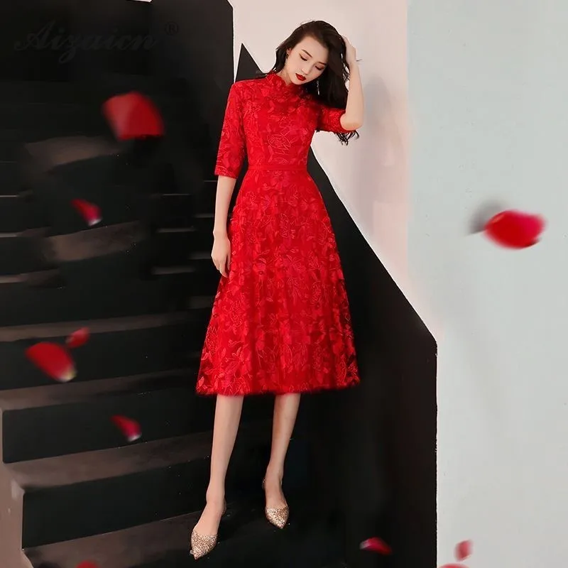 

Bride Chinese Evening Dress Elegant 2019 Red Lace Cheongsam Long Oriental Style Dresses Traditional Women Wedding Qipao Girl