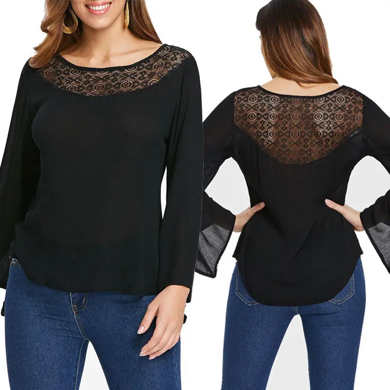 

2019 New Fashion Women's Ladies Long Sleeve Loose Tops Lace Patchwork T-Shirts Flare Sleeve Tops Casual Female T-shirt Plus Size