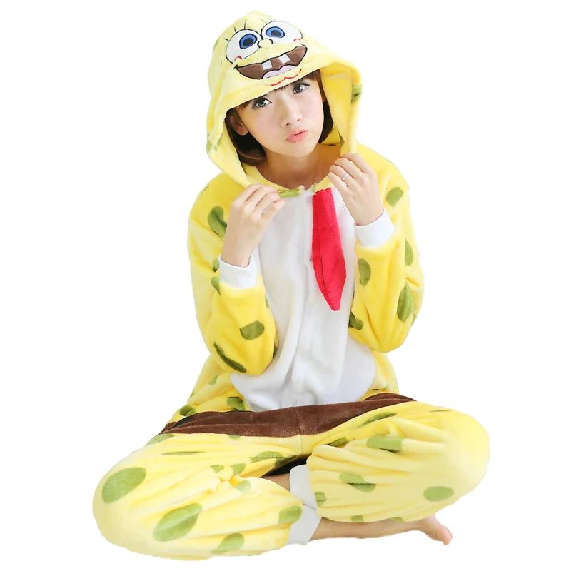 Dropshipping Adult Women Animal Pajamas SpongeBob Suit Flannel Warm Soft Sleepwear Overall Comfortable Cosplay Yellow |
