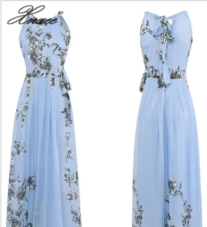 

2020 Summer Women Dress Chiffon Floral Print Halter Tunic Sleeveless Pleated Long Maxi Party Boho Dresses With Belt Vestidos