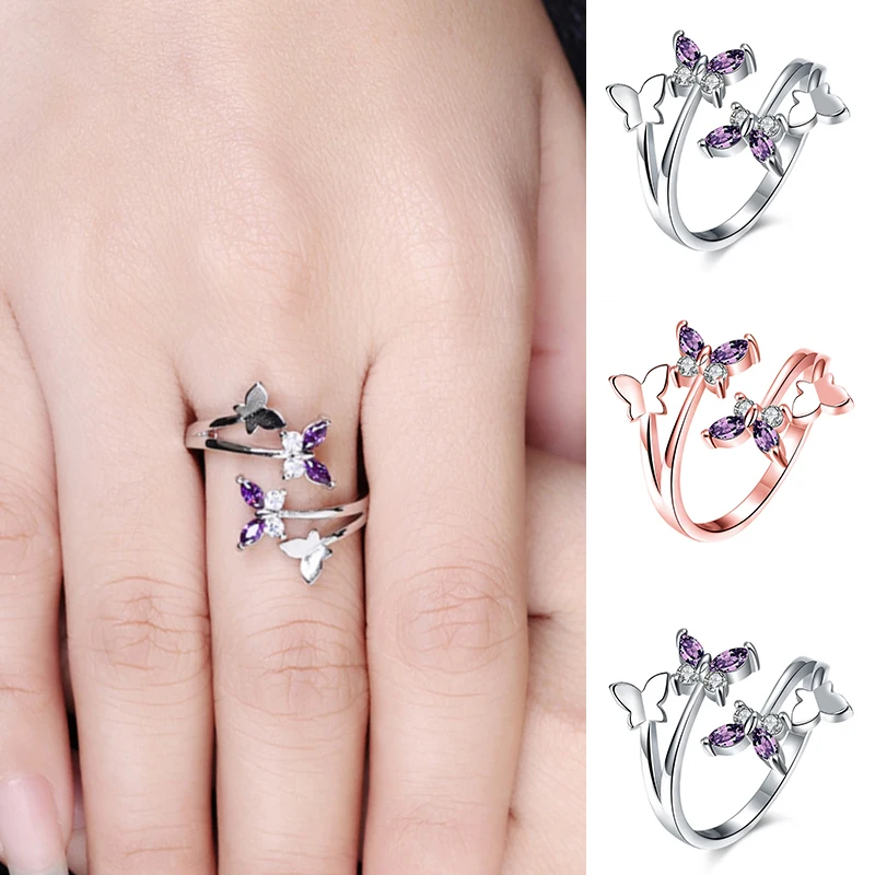 Регулируемые женские кольца с крыльями и кристаллами бабочки для женщин