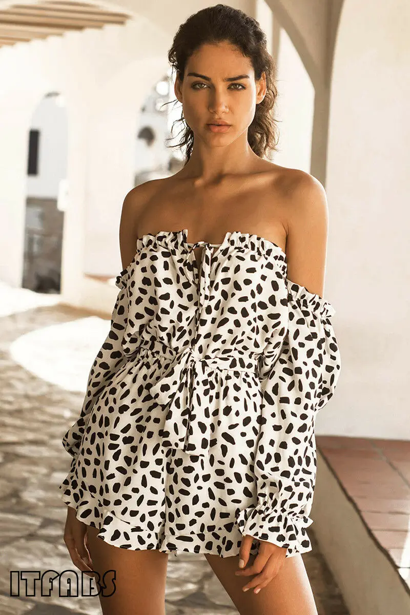 2019 New Women Summer Off Shoulder Leopard Playsuit Bandage Waist Ruffle Jumpsuit Leotard Tops | Женская одежда