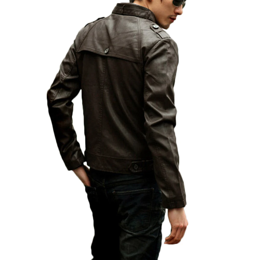 

Men Pu Leather Stand Collar Size Plus Slim Biker Motorcycle Bomber Short Jacket Punk Style White Dark Brown Handsome Outwear