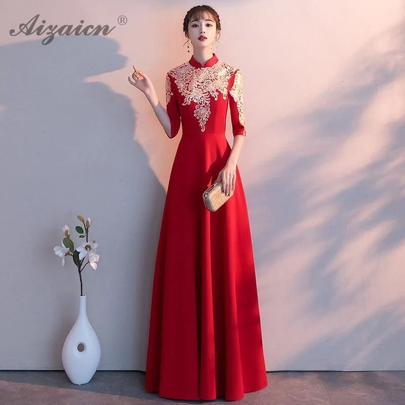 Невесты Qipao Мода г. красный Вышивка китайское вечернее платье женатый элегантный Cheongsam Длинные Qi Pao девушка принцесса вечерние платья