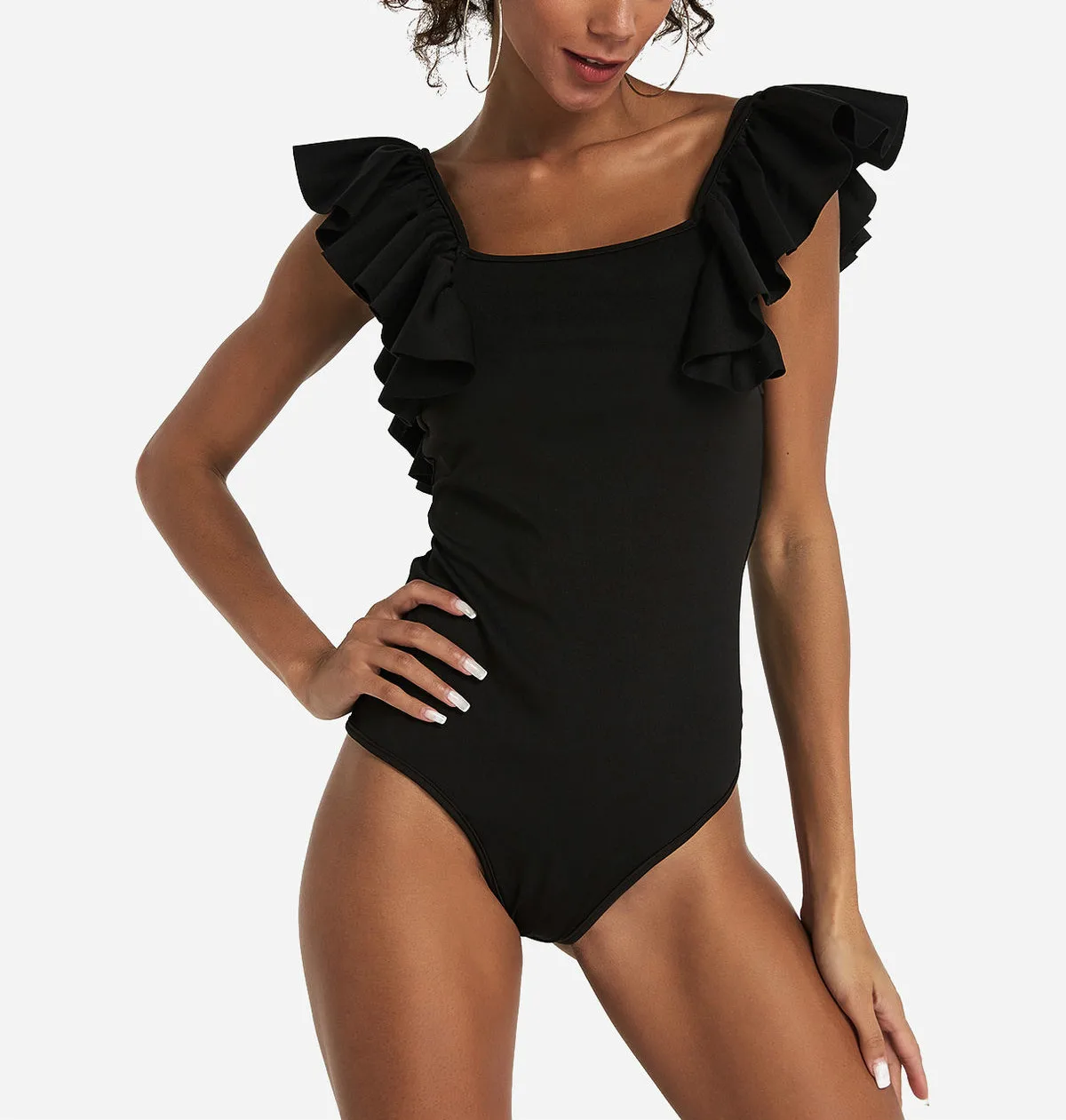 Женский купальник боди с коротким рукавом и оборками расклешенными рукавами 8 14