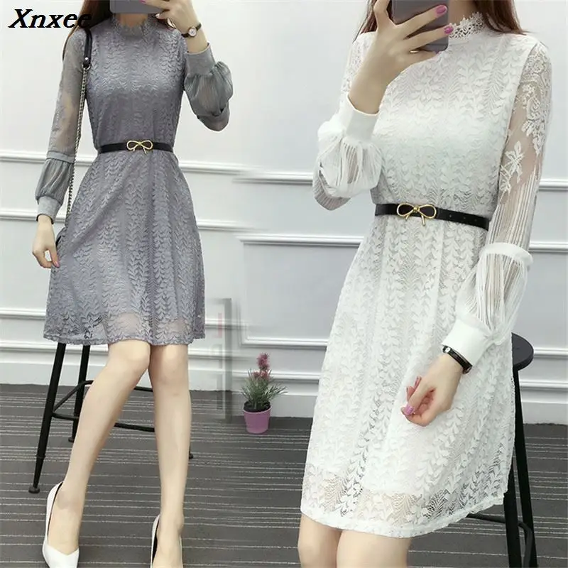 

2020 Summer Lace Dress Work Casual Slim Women Party Dresses Long Sleeve Sexy Hollow Out A-line Vintage Vestidos Plus Size Xnxee