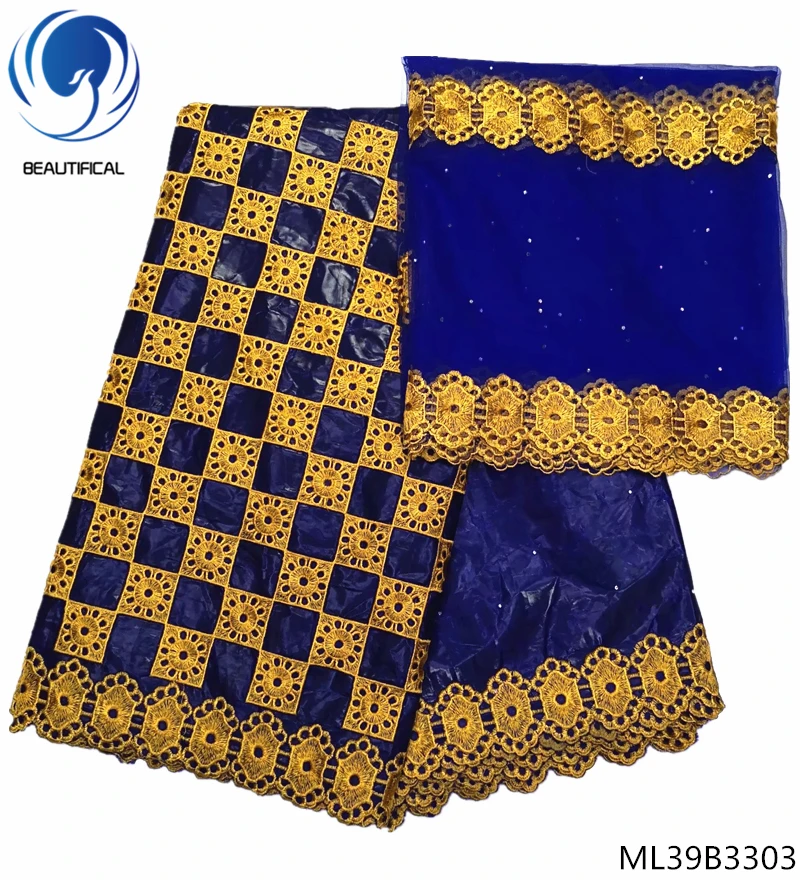 

BEAUTIFICAL blue african cotton fabrics brocade jacquard fabric with 2yards lace fabric 7yards/lot ML39B33